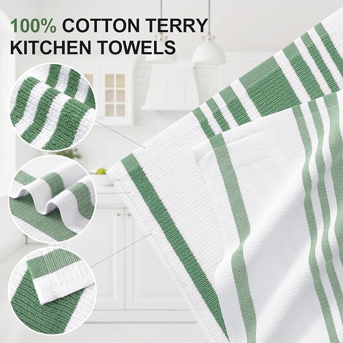Homaxy Premium Cotton Stripe Kitchen Towels 8 Pack, 18"x 28", Grass Green | Large 380 GSM Kitchen Hand Towels, Soft Terry Dish Towels, Highly Absorbent Tea Towel Set with Hanging Loop