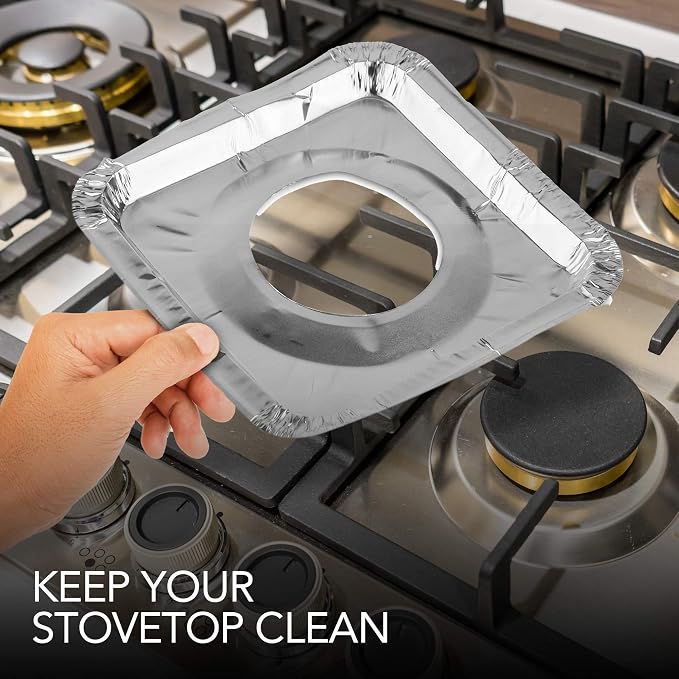 Disposable Gas Burner Liners (100 Pack) Aluminum Foil Square Gas Stove Burner Covers - 8.5 Inch Gas Range Protector, Stove Top Covers for Gas Burners, Foil Liners to Catch Oil, Grease, and Food Spills