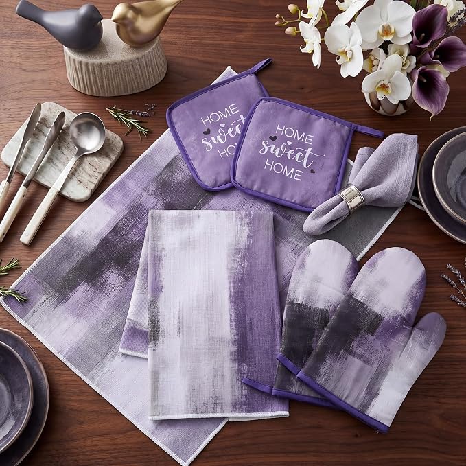 Bencailor 6 Pcs Lavender Purple Kitchen Accessories Purple Kitchen Towels Pot Holders and Oven Mitts Farmhouse Cooking Mittens Oven Glove and Potholder for Baking Cooking Grilling Supply Accessories