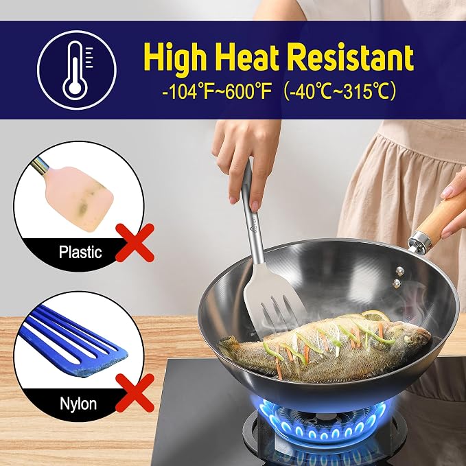 HOTEC Silicone Spatula Set of 2 Heat-Resistant 600°F & BPA-Free Kitchen SaptulaTurner with Stainless Steel Handles, Slotted & Solid Spatulas for Nonstick Cookware, 13.7 Inch, Khaki