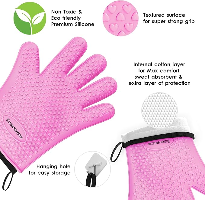 KITCHEN PERFECTION Silicone Smoker Oven Gloves -Extreme Heat Resistant BBQ Gloves-Handle Hot Food Right on Your Grill Fryer & Pit|Waterproof Grilling Cooking Baking Mitts|Superior Value Set+3 Bonuses | Waterproof, 5-Finger Design For A Better Grip, for...