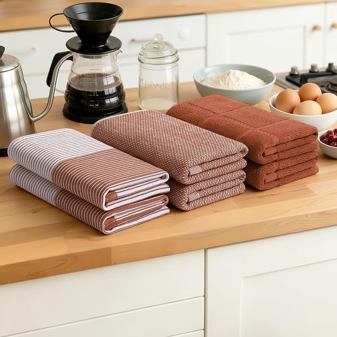 Homaxy 3 Pack Cotton Terry Premium Kitchen Towels, 18 x 28 in, Rust | Large 380 GSM Dish Towels, Highly Absorben Flat & Terry Kitchen Hand Towels, Soft Utility Tea Towel Set with Hanging Loop