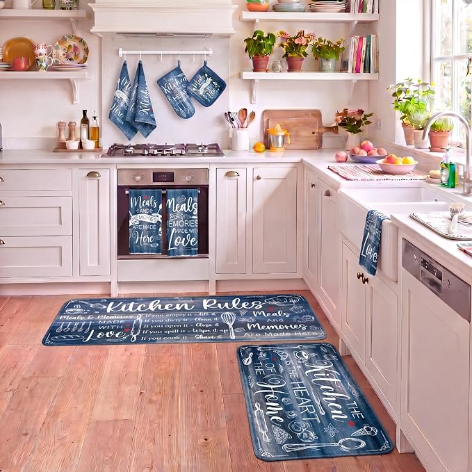 Fourluoo 10 Pcs Blue Kitchen Decor and Accessories Oven Mitts and Pot Holders Sets Farmhouse Dish Towels Blue and Gray Kitchen Rugs Mats for Home Baking Cooking Birthday Summer Decorations Women Gifts