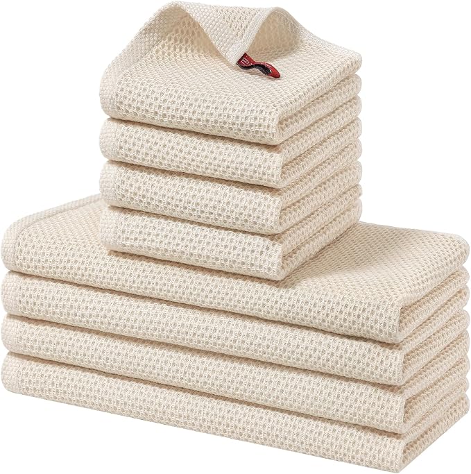 Homaxy 8 Pack 100% Cotton Kitchen Towels and Dishcloths Set, Beige | 12 x 12 Inches and 13 x 28 Inches Kitchen Towels Set, Ultra Soft Absorbent Dish Cloths for Washing Dishes