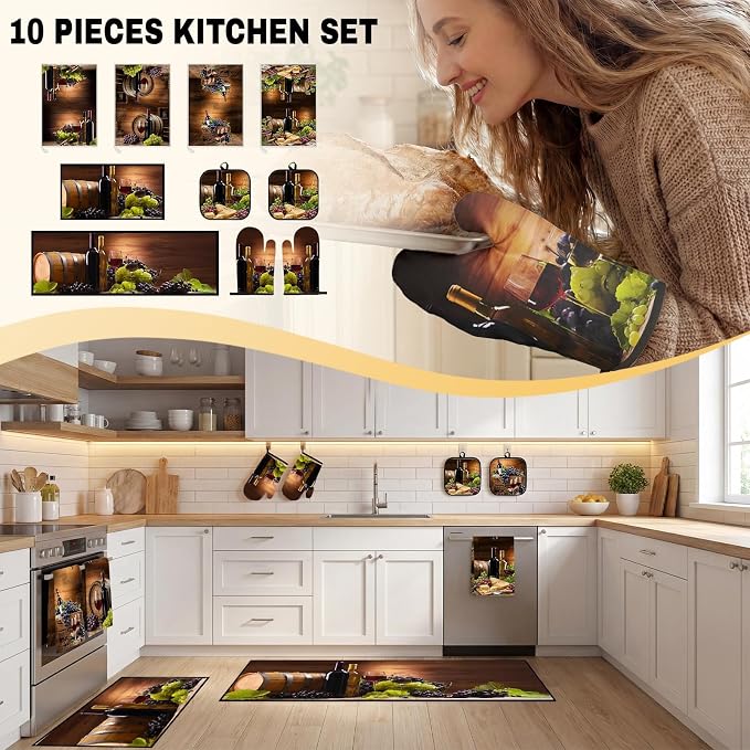 10 Pcs Red Wine Kitchen Decor and Accessories Set, 4 Dish Towels Kitchen Rugs 2 Oven Mitts 2 Pot Holders, Home Decor for Cooking Baking BBQ Gifts Women Mom Housewarming