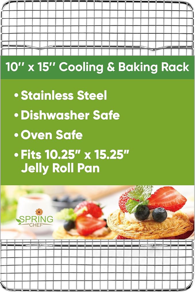 Spring Chef 10" x 15" Stainless Steel Cooling Rack for Cooking & Baking | Heavy Duty Cookie Cooling Rack for Kitchen, Oven Safe Wire Rack for Baking, Fits Jelly Roll Pan, Dishwasher Safe