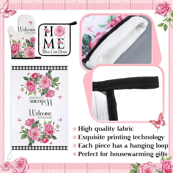 Leinuosen 8 Pcs Pink Rose Kitchen Towels and Dishcloths Sets Pot Holders and Oven Mitts Sets Absorbent Kitchen Gloves Potholders Heat Resistant for Chef Baking Cooking