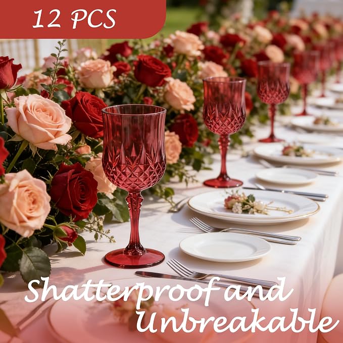 12Pack Plastic Wine Glasses, 7oz Vintage Goblets for Wedding | Unbreakable Crystal Style Reusable Stemware, Elegant Burgundy Drinking Glass for Party Anniversary & Holiday Celebration
