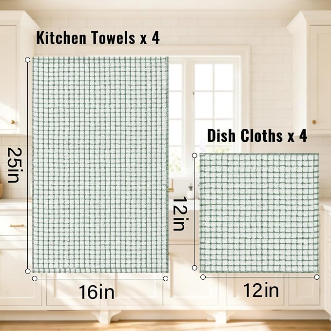Homaxy Kitchen Towels and Dishcloths Set, Set of 8, Grass Green | Cotton Terry Kitchen Dish Towels, Super Soft and Absorbent Dish Cloths, 16 x 25 and 12 x 12 Inches