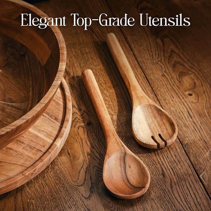 Large Wooden Salad Bowl Set 12.5 Inch with Serving Utensils, Tray Lid and Carry Strap. Acacia Wood Large Salad Bowls Ideal for Fruits and Dishes, Wooden Bowls for Food, Serving Bowl