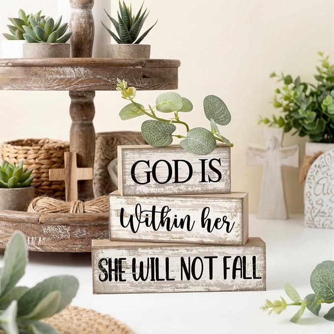 Lineshading 4 Pcs Wooden Blocks Christian Faith Signs for Women Home | Bible Verse Blocks, Rustic Stacked Design, Desk Tiered Tray Decor, Farmhouse Gifts Women, Inspirational Home Accents