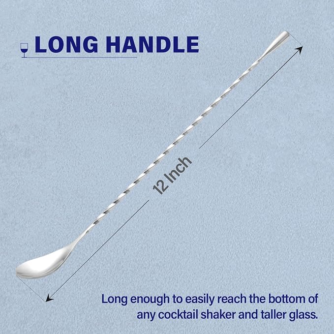 Bar Spoon Cocktail Mixing Stirrers, 2Pcs, 12” Long Handle, Silver | 18/8 Stainless Steel, Long Drink Spoons, for Stirring Coffee & Cocktails
