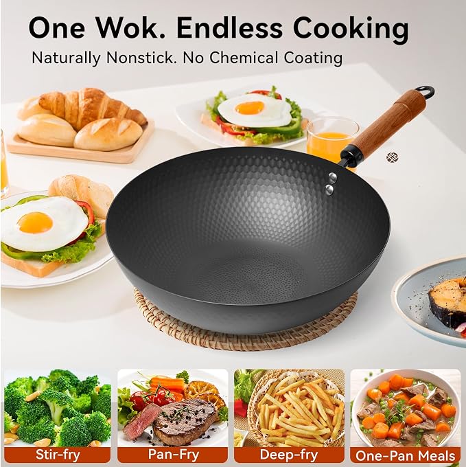 WANGYUANJI Carbon Steel Wok Pan with Lid, 12.6" Hammered Stir Fry Pan, Thickened Heavy Duty Flat Bottom Wok for Electric, Induction & Gas Stoves, Detachable Wood Handle, No Chemical Coating (Black)