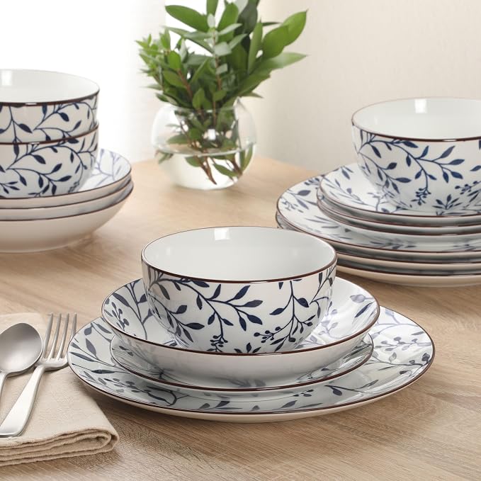 Gibson Home Palace Suite 16-Piece Dinnerware Set, Blue Floral Stoneware Plates & Bowls, Service for 4, Round Durable Everyday Dish Set