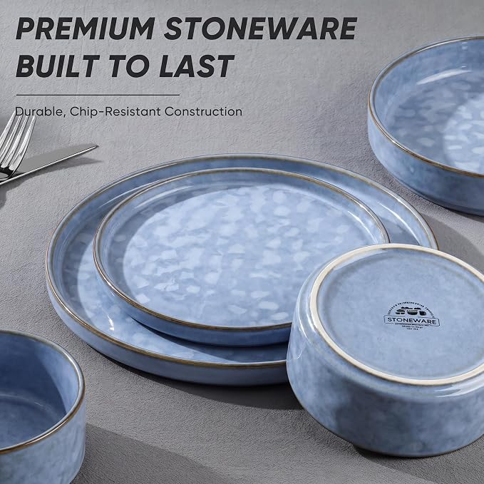 E-far Stoneware Dinnerware Set, 12-Piece Plates and Bowls Sets for 4 | Modern Dishes for Kitchen Dining, Reactive Glazing Ripple Design, Chip Resistant, Microwave & Dishwasher Safe, Reactive Blue