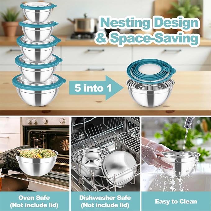 TeamFar Mixing Bowls Set, 4.5/3/1.5/1/0.7 QT Salad Bowl with Lid, Dark Blue | Stainless Steel Nesting Bowls with Visible Airtight Lids, For Serving/ Mixing/ Storing, Non-Toxic & Dishwasher Safe, Set of 5