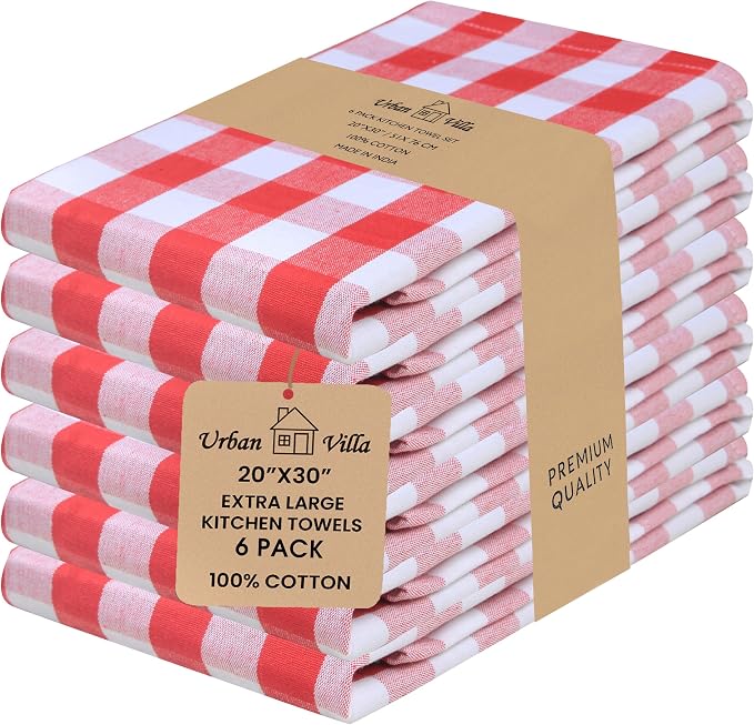 Urban Villa Kitchen Towels Cotton Dish Towels 20”x30” (Set of 6) Red
