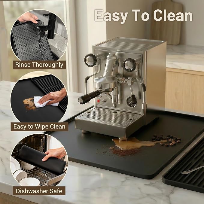 Silicone Coffee Mat for Countertop, 16x16 inch Heat Resistant Espresso Machine Mat, Non-Slip Coffee Bar Mat with Detachable Drying Area and Raised Edge, Waterproof Station Pad - Black