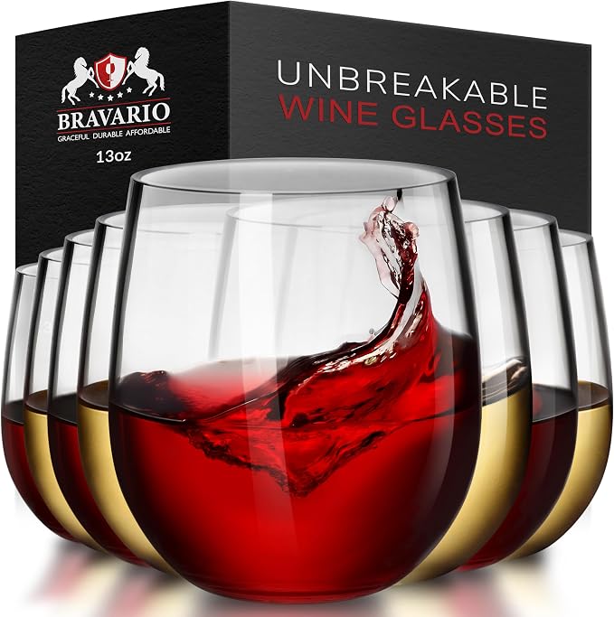 Bravario Unbreakable Stemless Plastic Wine Glasses | Reusable | Shatterproof 100% Tritan Plastic | Dishwasher-Safe | BPA-free | Awesome for Indoor & Outdoor | 13 oz, Set of 8