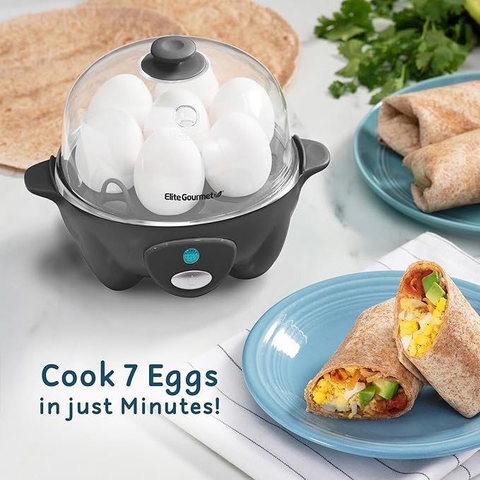 Elite Gourmet EGC710DKG Rapid Egg Cooker, 7-Egg Poacher/Omelet Maker, Ash | Easy-to-peel hard, medium, or soft-boiled eggs - auto shut-off, alarm, 16-recipe booklet included - BPA-free construction