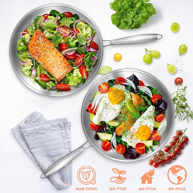 EWFEN 12 Inch Tri-Ply Stainless Steel Frying Pan, Compatible with All Cooktops Up to 600℉, Large Frying Pan with lids, Induction-Ready Skillet, Dishwasher and Oven Safe, Even Heat, 12" Saute Pan+Lid