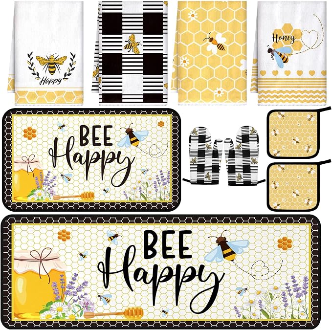 Fourluoo 10 Pcs Bee Kitchen Decor Set Honey Bee Dish Towels Rugs Oven Mitts and Pot Holders Set Farmhouse Kitchen Decor for Women Mom Gift Cooking Baking Grilling