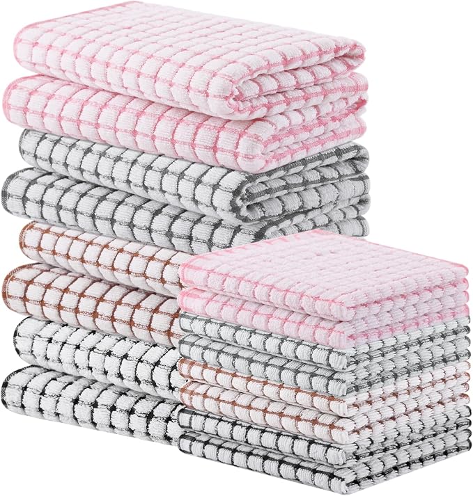 Homaxy Kitchen Towels and Dishcloths Set, Set of 16, Black/Grey/Pink/Brown | Cotton Terry Kitchen Dish Towels, Super Soft and Absorbent Dish Cloths, 16 x 25 and 12 x 12 Inches