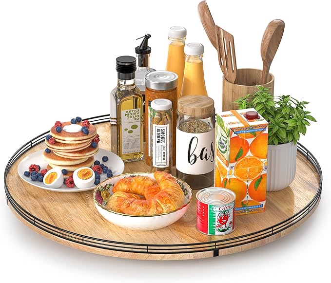 AMH 24-Inch Extra Large Farmhouse Oak Lazy Susan Organizer | Smooth rotating oak tray with walnut finish for dining tables, kitchen counters, pantries and cabinet storage.