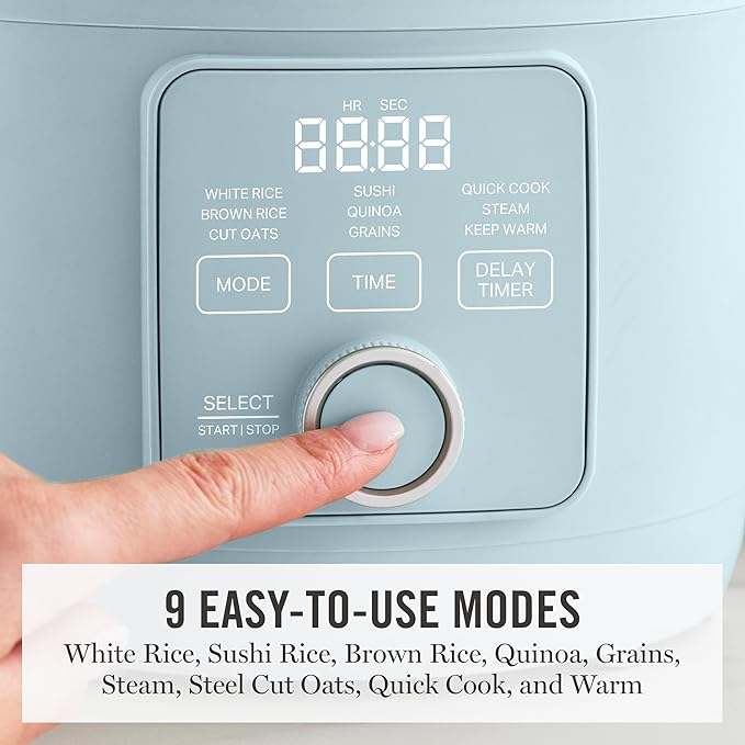 Martha Stewart 8 Cup Cooked (4 Cup Uncooked) Rice Cooker & Steamer, Blue | PFAS-Free Ceramic Nonstick Removable Pot, 9 Modes, Keep Warm, Steamer, White & Brown Rice, Quinoa, Grains, Oats, Easy Clean