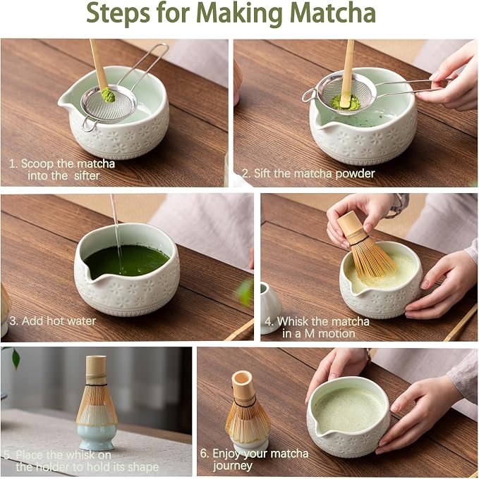 Buucup Matcha Whisk Set, Ceramic Matcha Kit with Bowl & Bamboo Whisk | 7-piece set with ceramic bowl, bamboo whisk, scoop, holder, sifter and tea towel. Ideal for beginners, daily matcha and gift