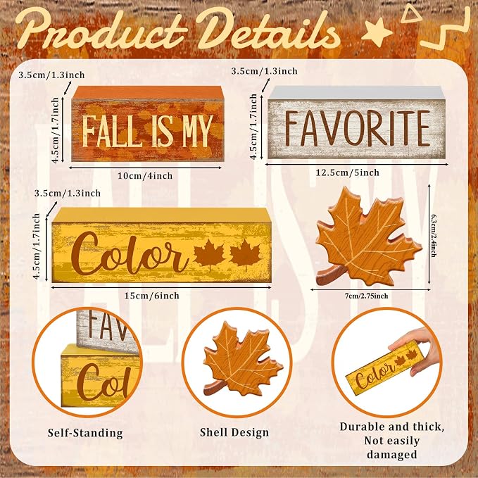 Lineshading 4 Pcs Fall Wooden Block Signs Farmhouse Tabletop Maple Leaf | Rustic Tiered Tray Decor, Stackable Autumn Blocks with Maple Leaf Cutout, Gift for Farmhouse Table Centerpiece Display