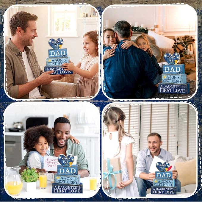 Lineshading 4 Pcs Dad Block Signs Wooden Farmhouse Decor, Father's Day | Tiered Tray Decorations for Home Table, Son's Hero Daughter's Love Quotes, Stacked Wooden Blocks, Rustic Gift for Dad