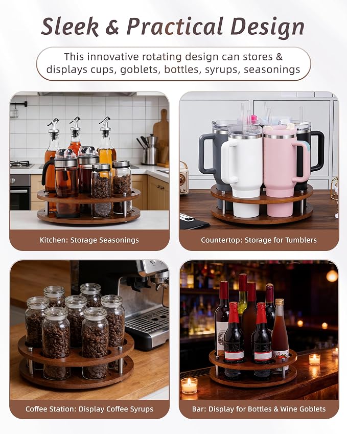 Rotating Wood Tumbler Organizer, 30 oz 40 oz Spinning Turnable Tumblers Holder, 360° Rotatable 7 Large Cups Bottle Tumbler Storage Display Stand, Rotate Syrup Organizer for Cabinet Countertop