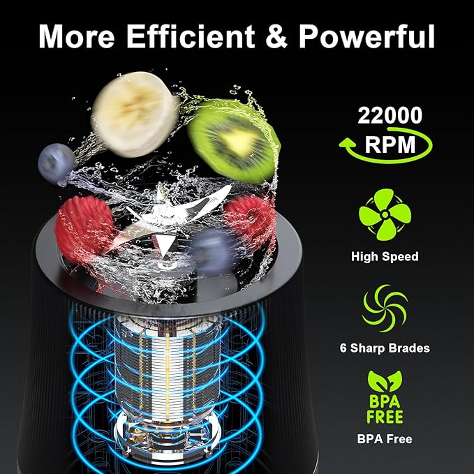 Portable Blender for Smoothies & Shakes, 17oz Personal Blender with 6 Stainless Steel Blades, USB-C Rechargeable, LED Display, Compact Travel Juicer with Extra Lid for Gym, Office & On-the-Go, Black