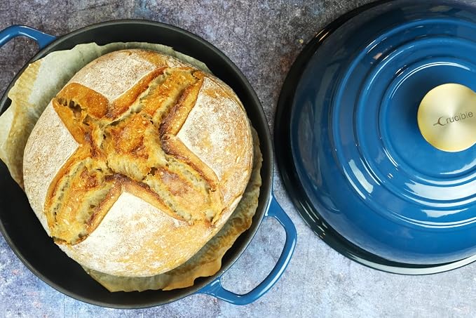 Enameled Cast Iron Bread Pan, Sourdough Artisan Bread Oven – Dark Teal Blue – Round 26 cm, 6.25 L (6.6 qt) – Boule Pan with a Deep Lid for Steam Baking
