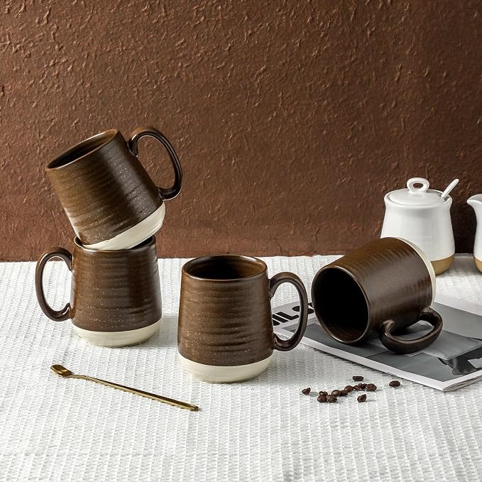HASENSE Ceramic Coffee Mug Set of 4, 15 oz Coffee Cups with Big Handles, Large Latte Mugs for Men and Women, Christmas Cups for Tea, Hot Cocoa, Latte, Cappuccino, Dishwasher Microwave Safe, Brown