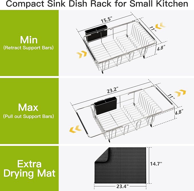 JASIWAY in Sink Dish Drying Rack with Mat, Cups and Utensil Holder | Use Over the Sink or Counter, Stainless Steel Expandable Dish Drainer for Small Kitchen, Space Saving, Fast Drain, Rustproof