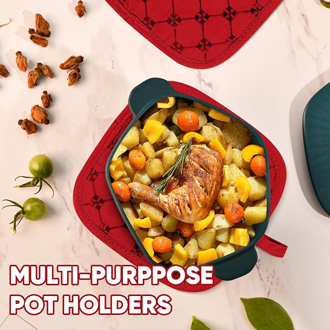 Oven Mitts Kitchen Towels Dishcloths with Pot Holders Sets 12PCS, Dish Towels Sets, Oven Gloves Pot Pads Heat Resistant 500 Degrees with Non-Slip Silicone Surface for Cooking Baking Grilling Red