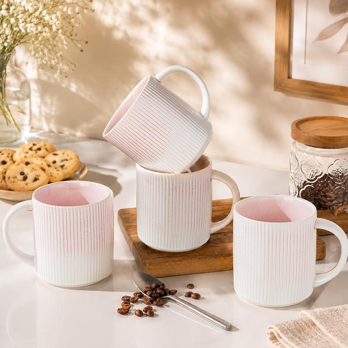 theterra Ceramic Coffee Mugs Set of 6, 14.2 oz Coffee Cups with Handle | Handmade, Suitable for Latte, Tea, Milk, Beer & Hot Cocoa, Primrose Pink