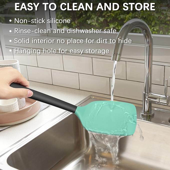 Coukre 2 Pack Silicone Spatula Set,High Heat Resistant, BPA-Free | Dishwasher Safe Kitchen Spatula for Nonstick Pans, Solid & Slotted Turners for Cooking, Sautéing, and Flipping,AquaGreenBlack