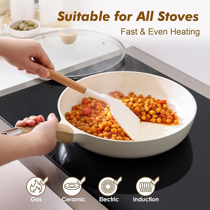 SENSARTE 11inch Ceramic Nonstick Frying Pan Skillet with Lid, White | Non Stick Omelet Pans, Non-toxic Healthy Kitchen Cooking Chefs Pan, PFOA/PFAS/PTFE Free, Induction Compatible