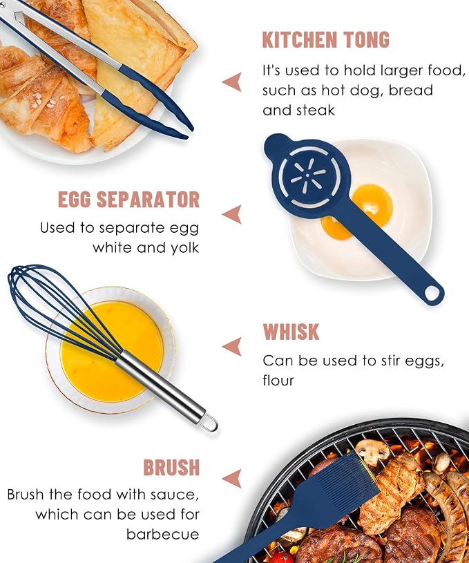 Blue Kitchen Utensils Set-12 Pieces Silicone Cooking Utensils Set | Dishwasher Safe 392°F Heat Resistant Spatula Set Kitchen Utensil Set for Nonstick Cookware,Best Kitchen Tools with Holder