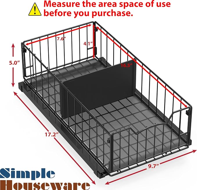 Simple Houseware Pull-Out Cabinet Sliding Basket, 17.2Dx9.7Wx5H, Black | Ideal for Kitchen and Bathroom Cabinet Storage Organizer, Under Sink or Pantry Organization