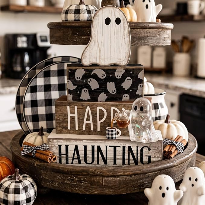 Lineshading 4 Pcs Happy Haunting Wood Blocks, Halloween Farmhouse Decor | Rustic Stacking Blocks for Tiered Tray, Wood Signs with Ghost Theme, Tabletop Display for Home Shelf, Farmhouse Style