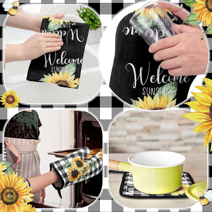 Leinuosen 8 Pcs Sunflower Checkered Kitchen Towels and Dishcloths Sets Pot Holders and Oven Mitts Sets Absorbent Kitchen Gloves Potholders Heat Resistant for Chef Baking Cooking