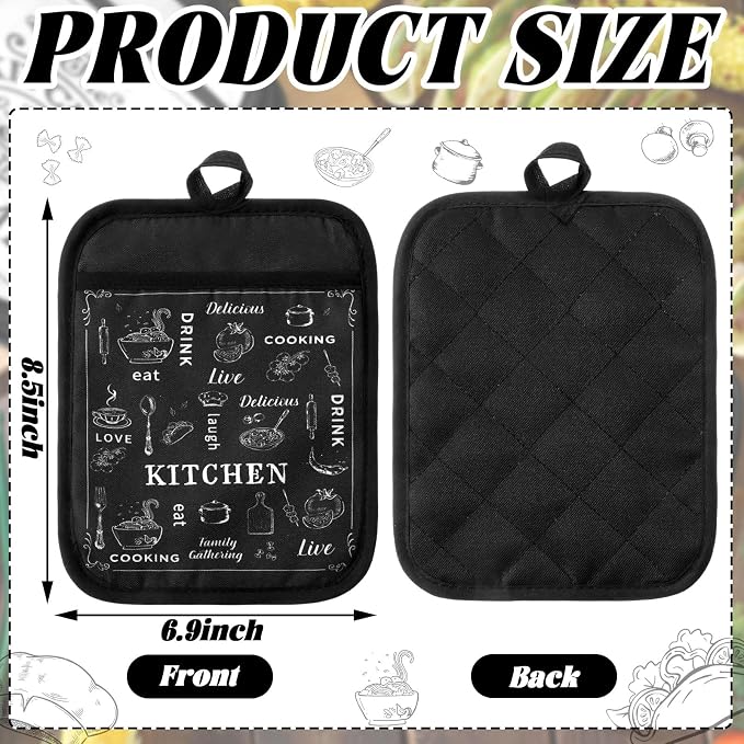 8 Pcs Pot Holders with Pocket Farmhouse Black and White Kitchen Decoration Kitchen Quotes Heat Resistant Potholders Hot Pad Oven Mitts Cookie Bag Oven Gloves for Home Decorations Baking Cooking Gifts