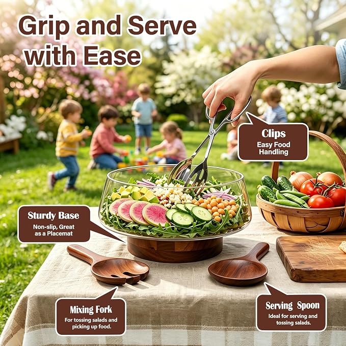 Large Glass Salad Bowl Set with Acacia Wood Base | Salad Bowl Wood Serving Utensils Included for Family Dinners, Parties, Gatherings, Multipurpose Oversize Glass Bowl for Salad