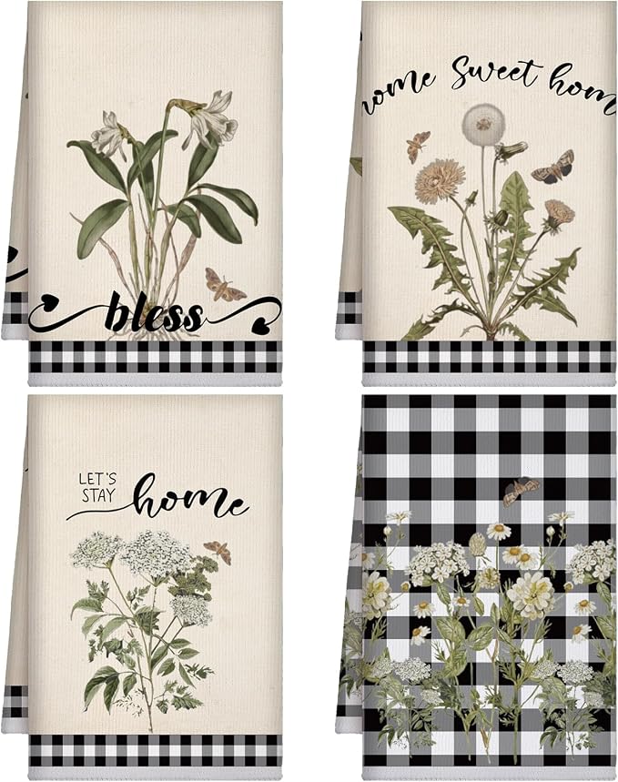 4 Pcs Vintage Wildflower Kitchen Towels Absorbent Tea Towels Gift | Floral Hand Dish Towels Neutral Grid Fast Drying Decor Housewarming Gift for Cooking Bathroom Kitchen Decor