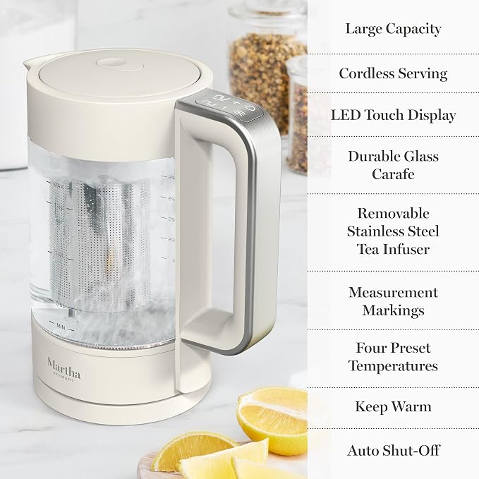Martha Stewart 1.7L Glass Carafe Electric Kettle with Removable Tea Infuser | 7 Cups, 4 Presets, Rapid Boiling, Stainless Steel Tea Leaf Infuser, Cordless Swivel Base, Keep Warm, Auto Shut-Off, Linen