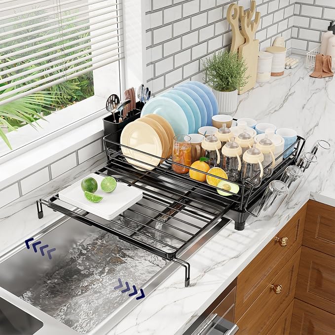 Simple Trending Dish Drying Rack - Expandable Dish Rack for Kitchen Counter, Large Capacity Dish Drainer, Stainless Steel Dish Strainer with Utensil & Cup Holders, Black